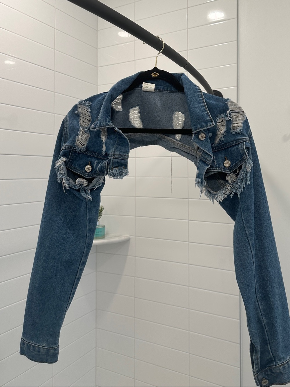 SHEIN Dark Blue Distressed Cropped Denim Jacket